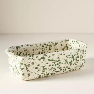 ANTHROPOLOGIE GREEN SPLATTER PORTUGUESE STONEWARE LOAF PAN 10.5"X5" - NEW IN BOX